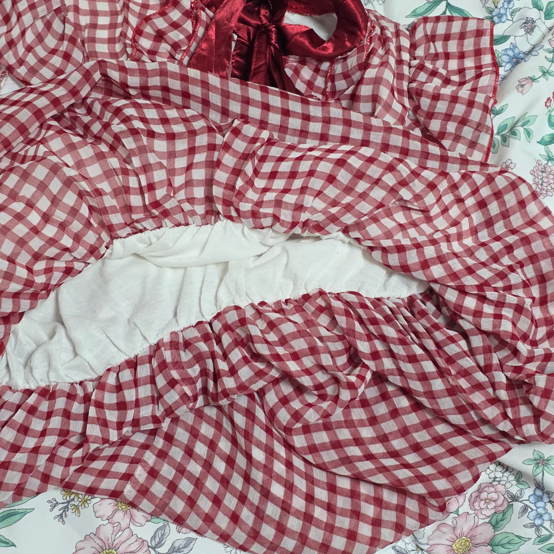 빈티지)스즈코 모리걸 레드벌룬 체크리본 로맨틱갸루 레이어드 프릴블라우스 상품이미지5