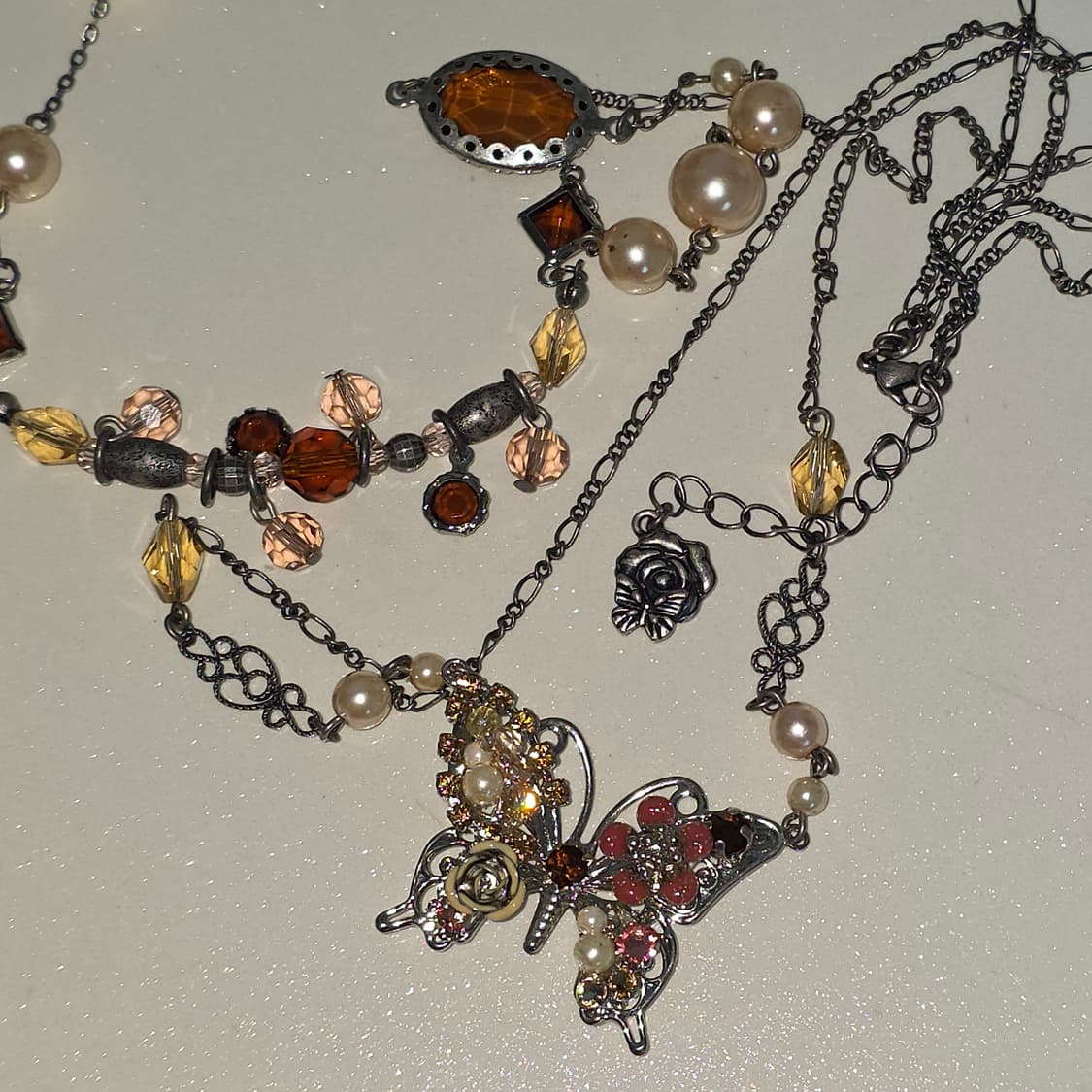 엑시즈팜 희귀 일본고전빈티지)2연줄 버터플라이 앤틱 비즈큐빅 로맨틱목걸이 상품이미지1