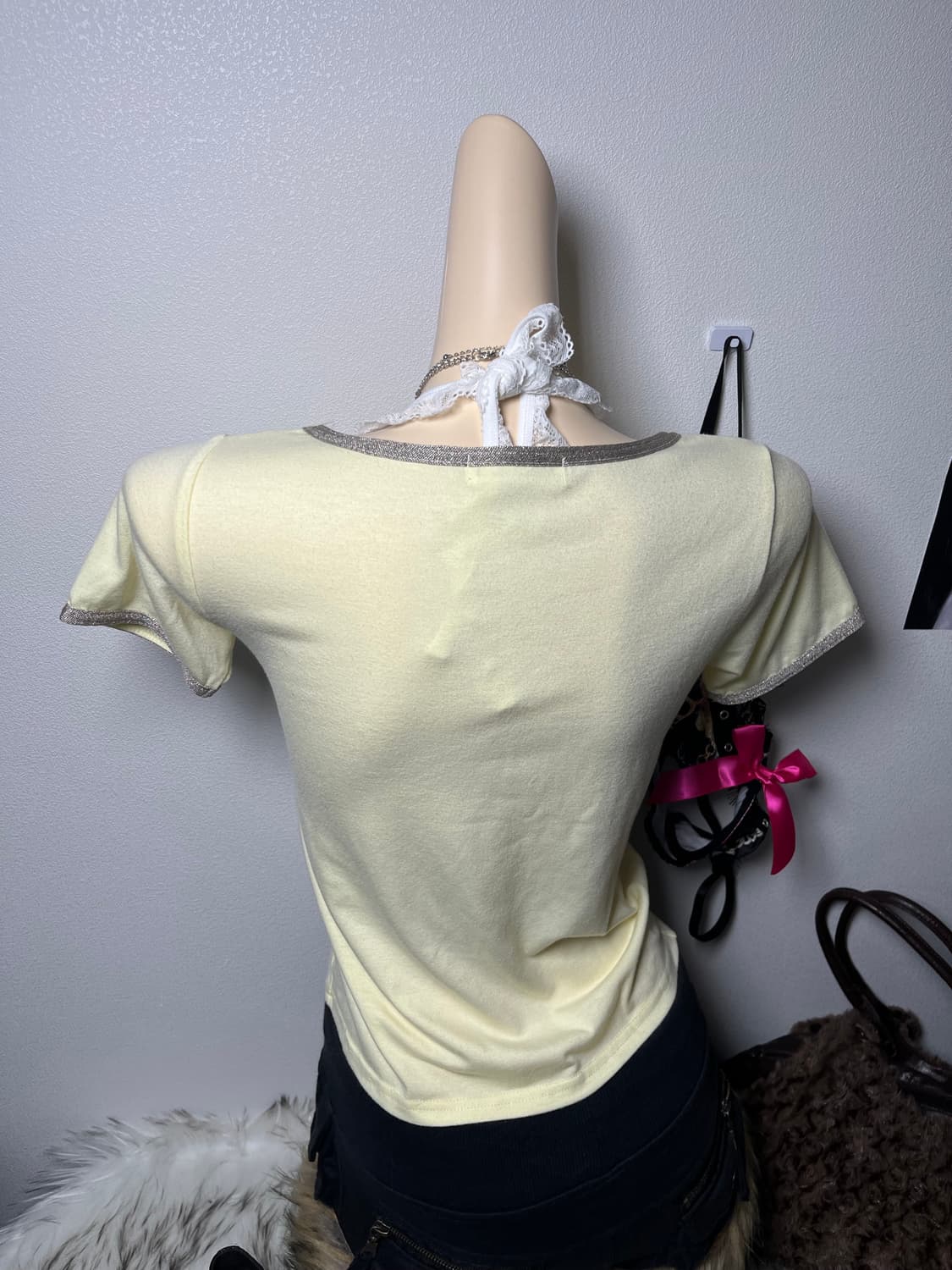 빈티지 로맨틱 갸루 연노랑 구두 프린팅 반팔티 상품이미지3