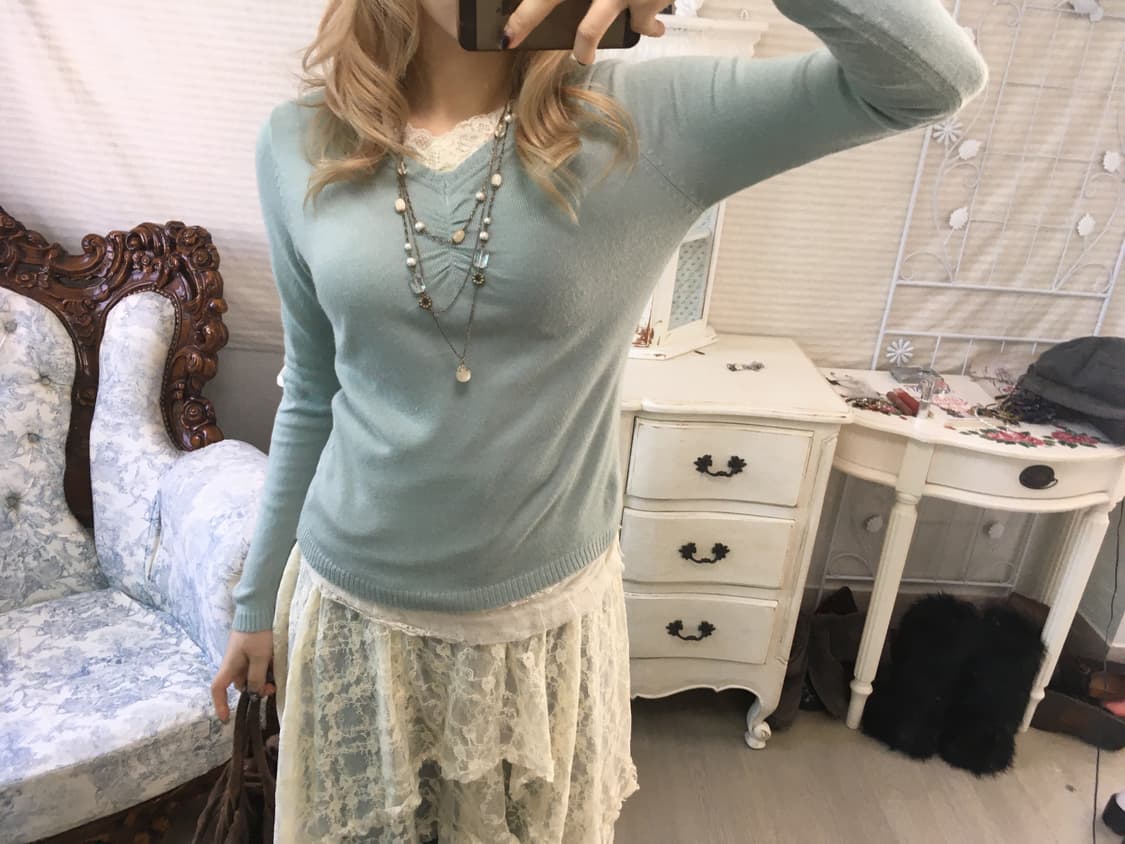 jpn vintage pale mint lace layered knit 상품이미지3