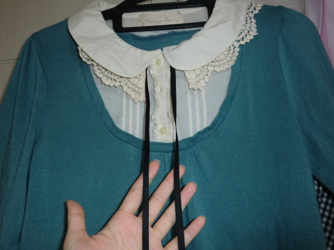 청록색 레이스 카라 니트 블라우스 빈티지 하구미 니혼진 러블리 모리걸 상품이미지2