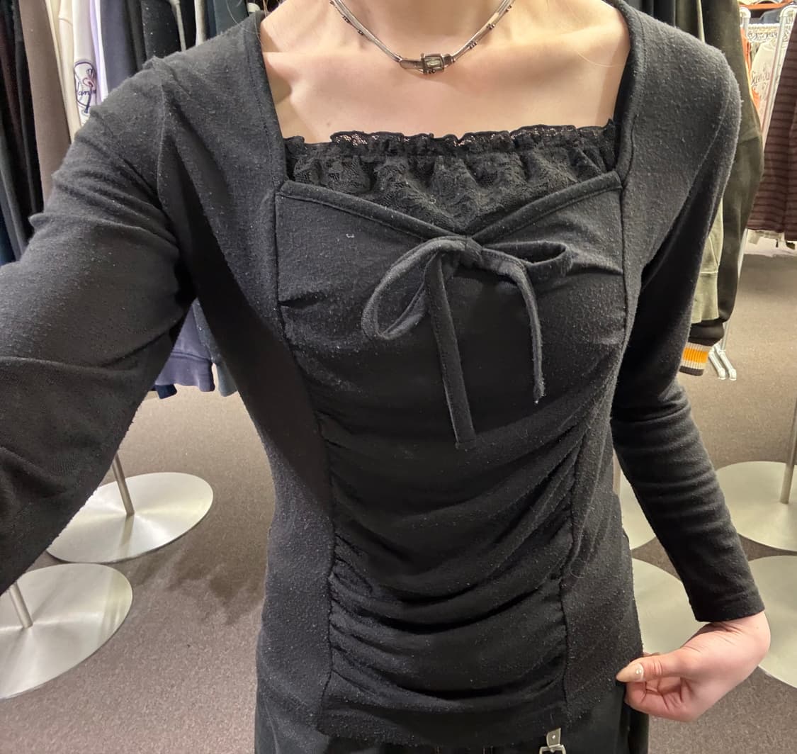 M)Japanese vintage 여성 레이스 셔링 롱슬리브 상품이미지4