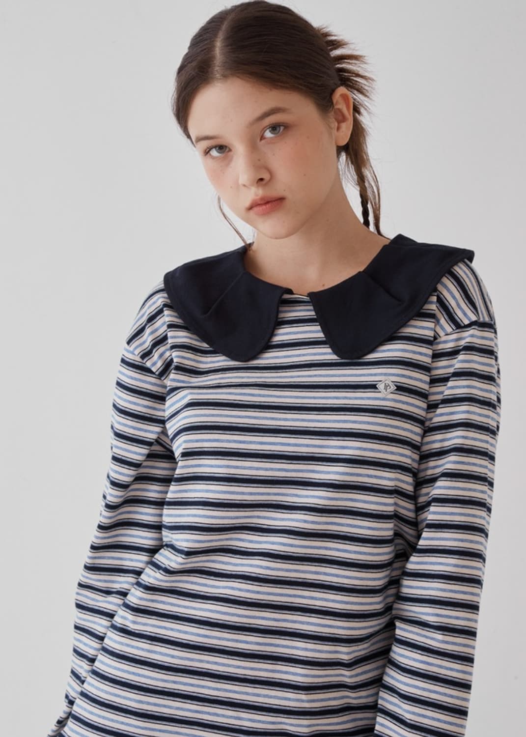 Stripe Big Collar Jersey Top / Navy 상품이미지1