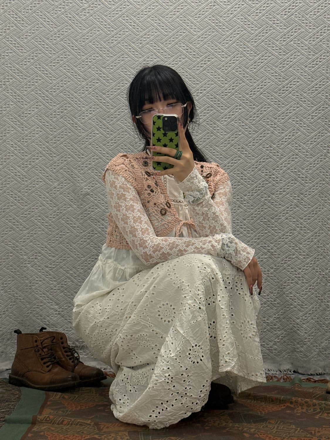 빈티지 페어리 모리 셔링 펀칭 화이트크림 롱스커트 K0230 상품이미지2