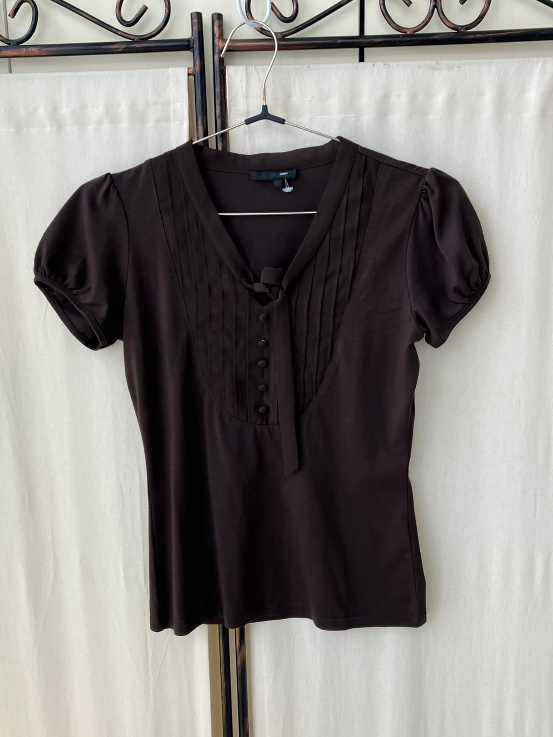 brown shirring ribbon half blouse 상품이미지4