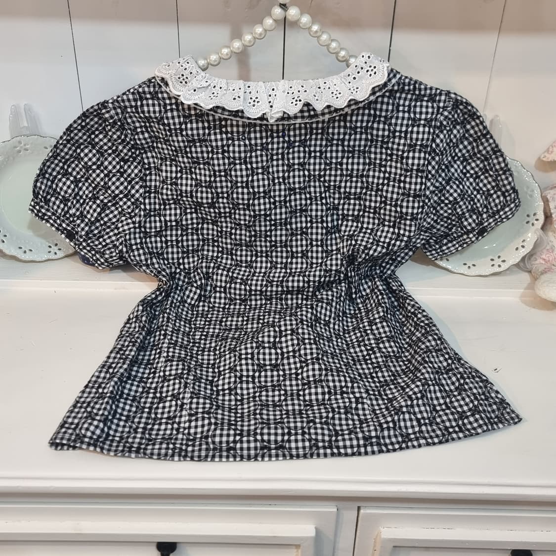 apti 레이스 깅엄체크 반팔 블라우스 상품이미지5