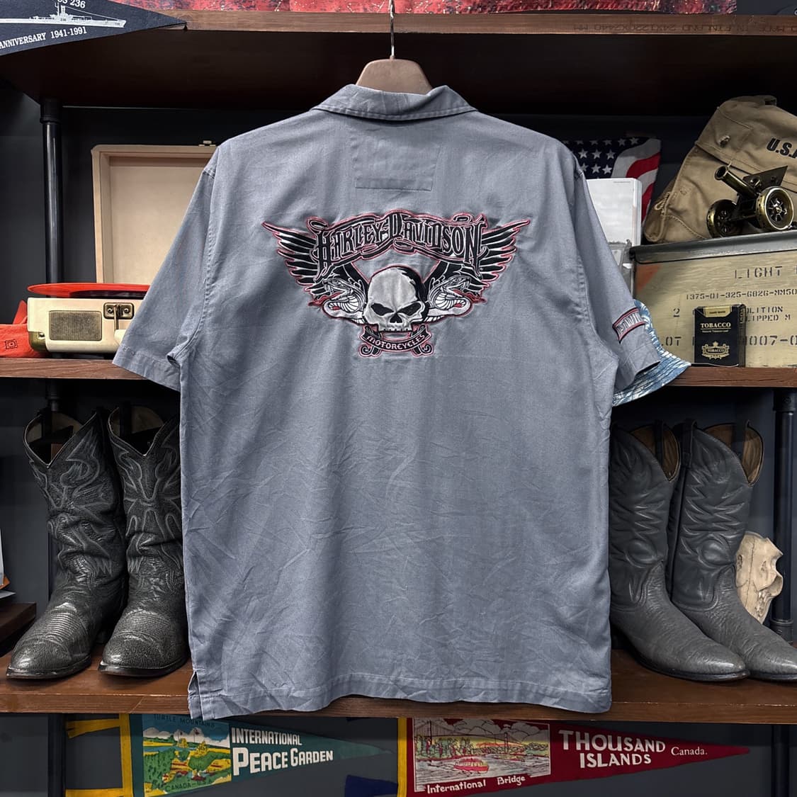 00s 할리데이비슨 레터링바 오픈윙 자수 지퍼포켓 개러지셔츠 N1185 상품이미지2