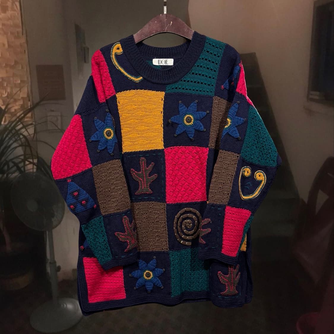 일본 빈티지 울100 뜨개 모티브 아플리케 패치워크 니트 상품이미지2