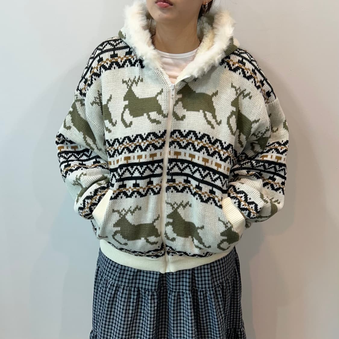 노르딕패턴 셰르파 니트 후드집업 상품이미지1