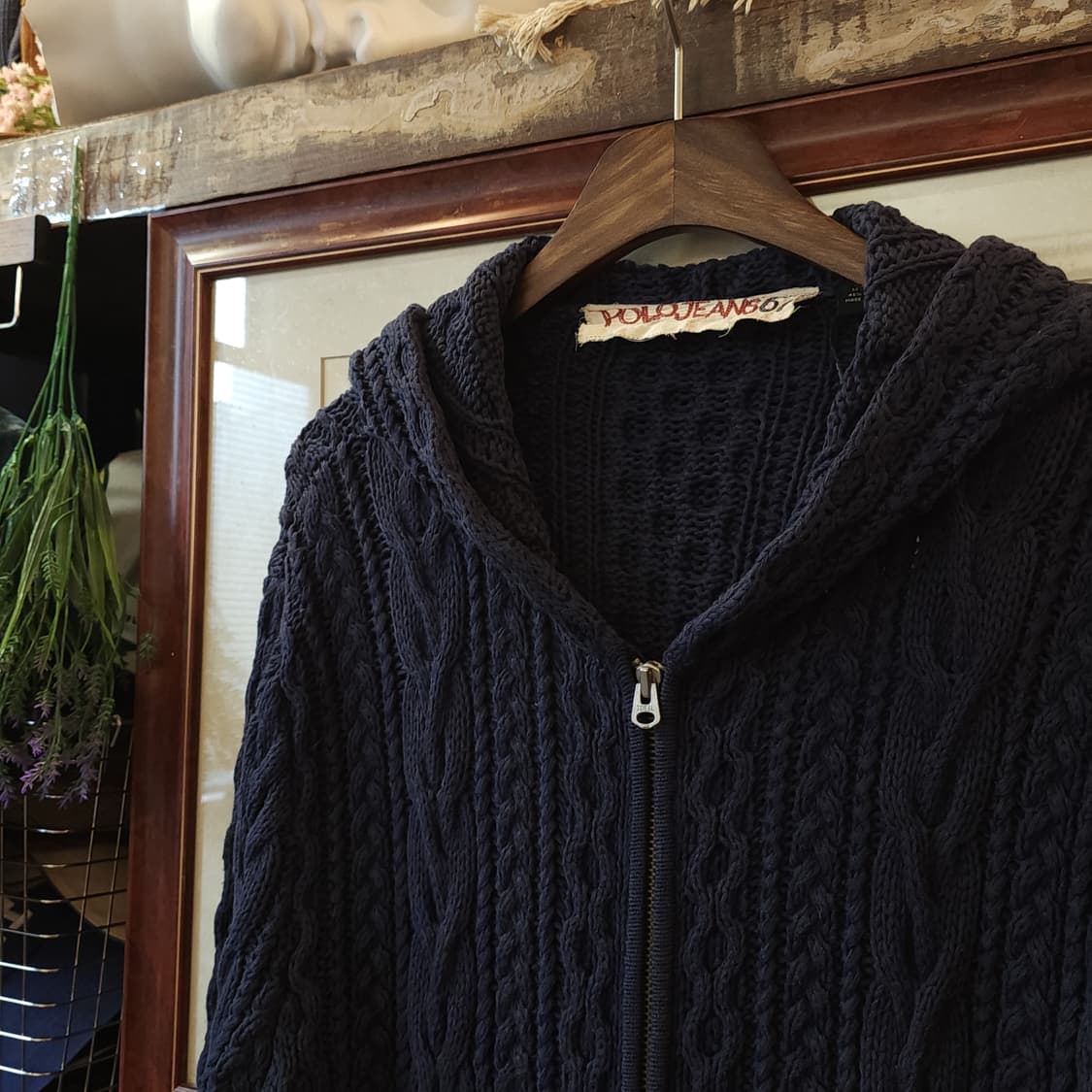 90s 폴로 진스 컴퍼니 후드 집업 자켓 린넨 코튼 케이블 네이비 L 상품이미지4