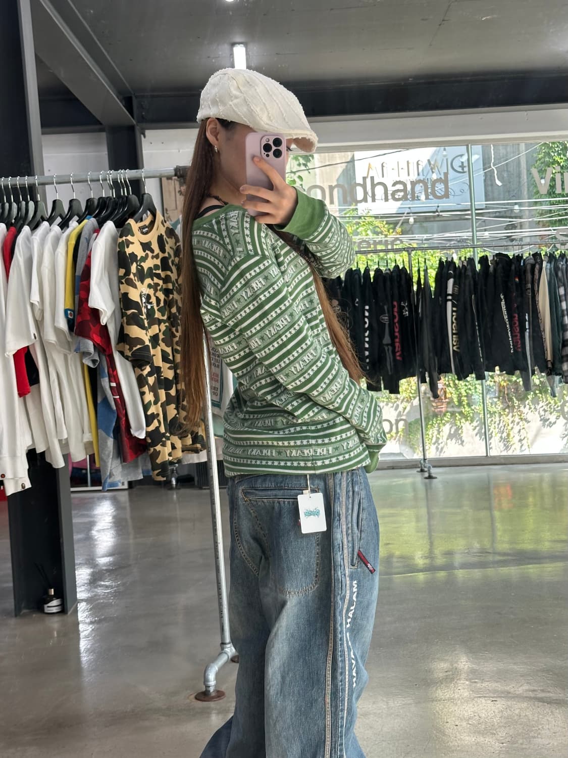 히스테릭글래머 그린 Freaky 스타 스트라이프 롱슬리브 긴팔 상품이미지1
