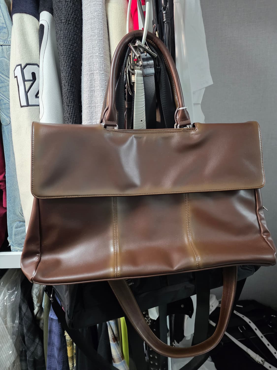 노이즈 레더 빅백 크로스 토트백 브라운 상품이미지3