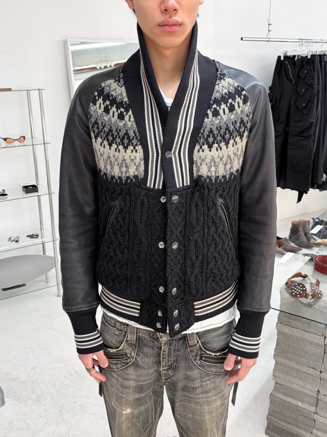 미하라 야스히로 모헤어 홀스 레더 바시티 자켓 상품이미지2