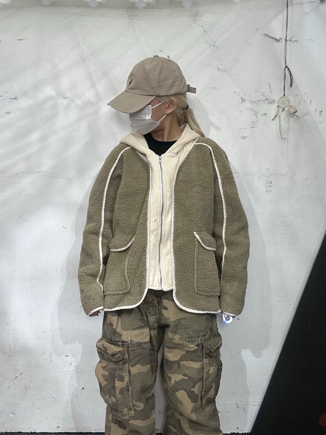 빈티지 커스텀 카키 베이지 후리스 뽀글이 후드 점퍼 F 상품이미지2