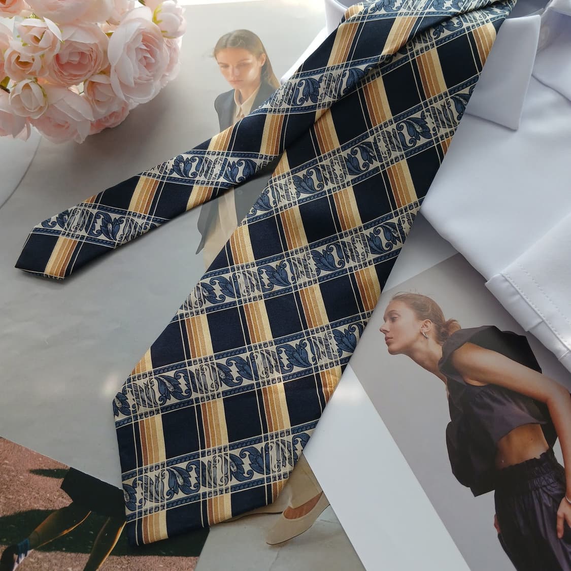 피에르 발망 실크 네이비 체크 넥타이 9.6cm A등급 A18649
 상품이미지3