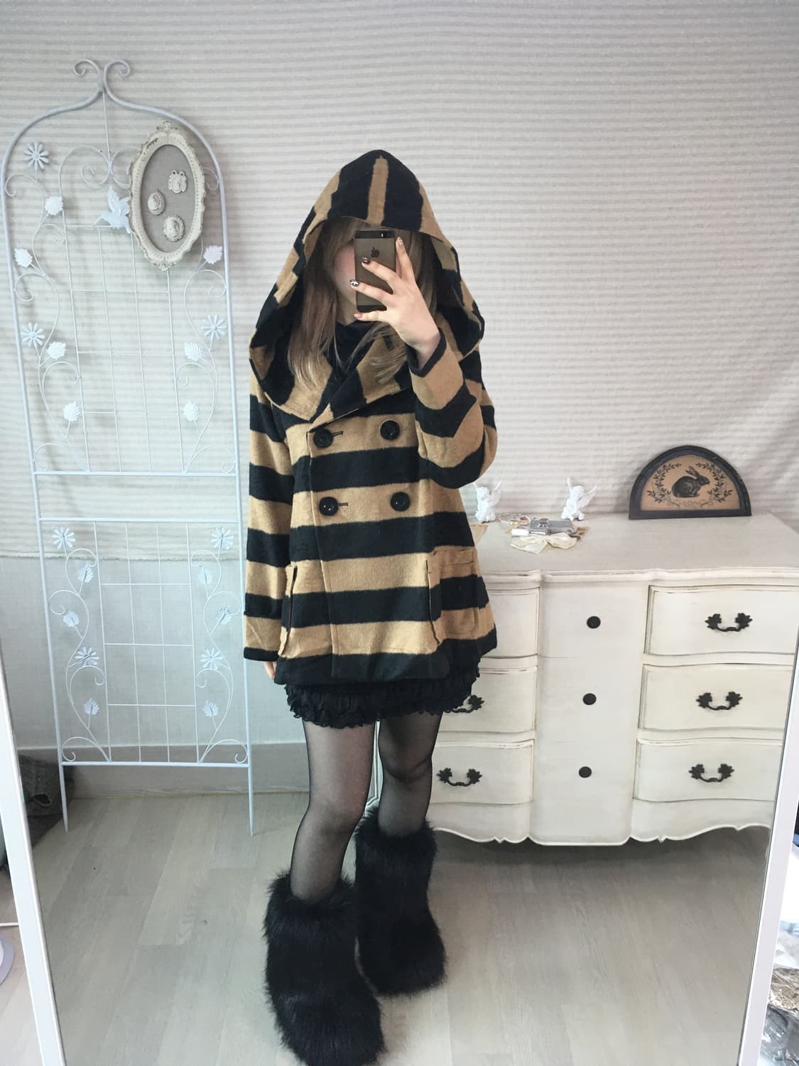 일본빈티지 카멜블랙 스트라이프 후드 코트 상품이미지1