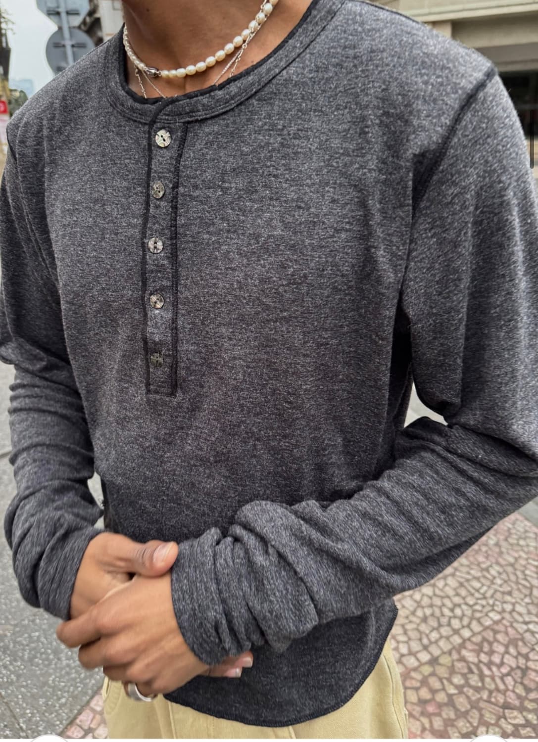 스팁 헨리넥 티셔츠 - 그레이 상품이미지1