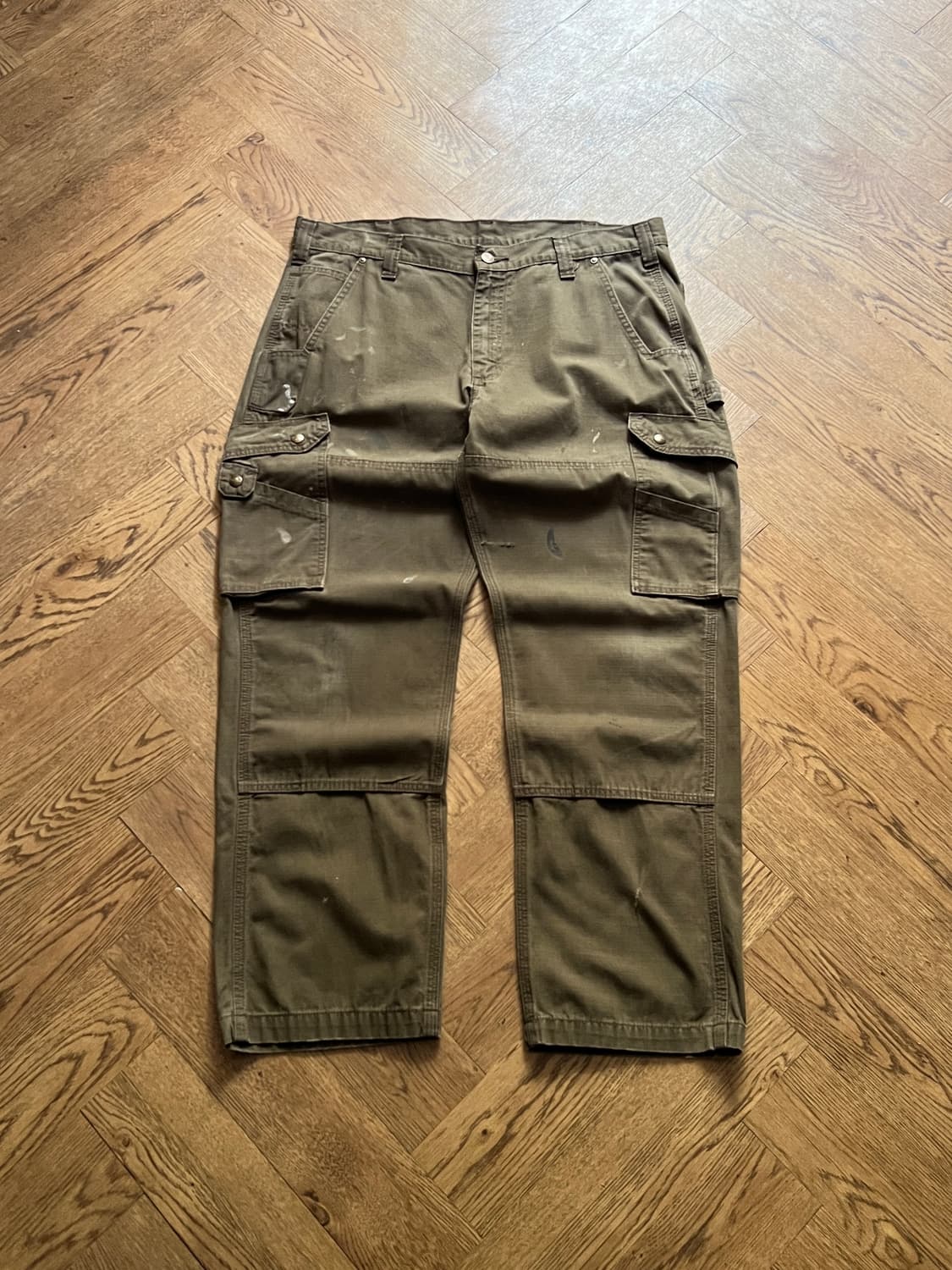 [38]칼하트 USA 페인팅 모스그린 립스탑 더블니 워크 카고 팬츠 상품이미지1