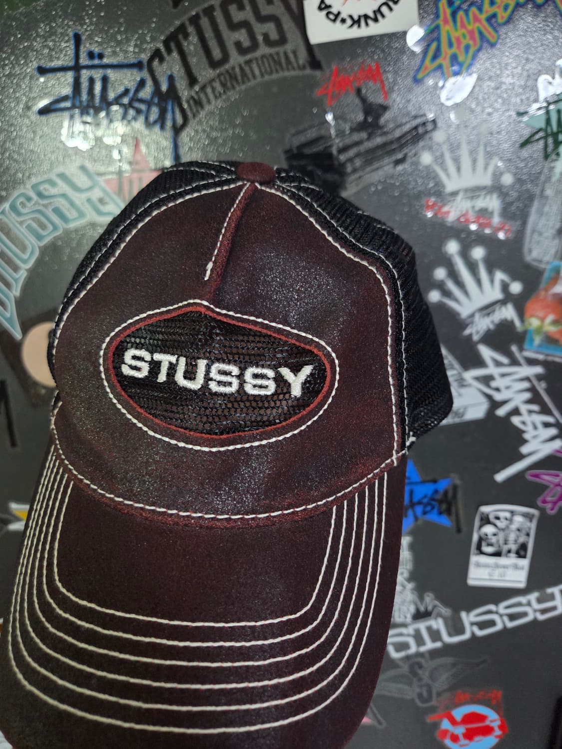 스투시 로우 프로 트러커 컷아웃 레더 스냅백 와인 상품이미지4