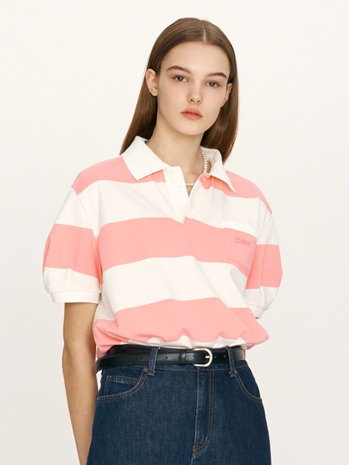 앤유 HANAUMA Collar stripe T-shirt 라임 새상품 상품이미지3