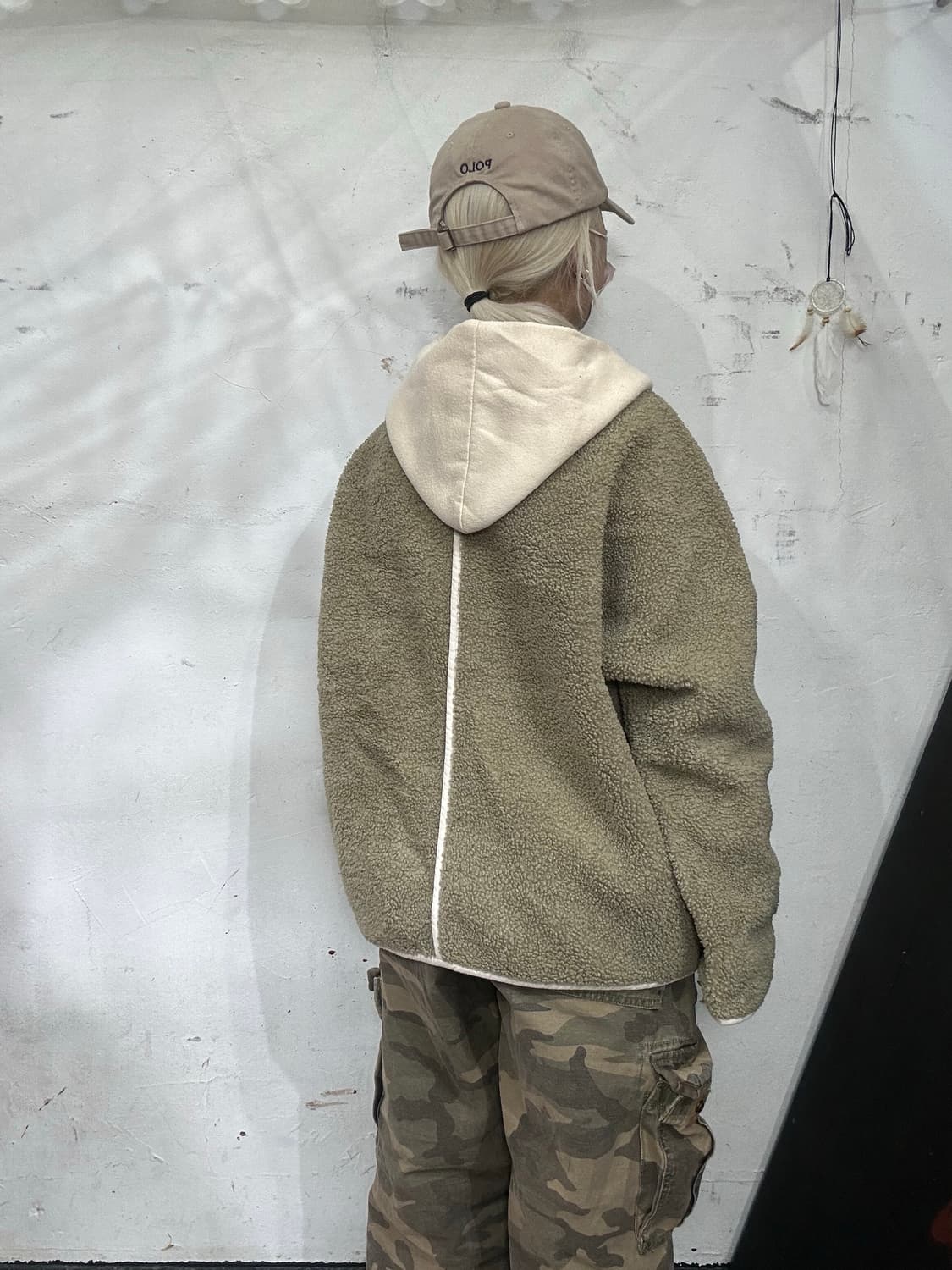 빈티지 커스텀 카키 베이지 후리스 뽀글이 후드 점퍼 F 상품이미지3