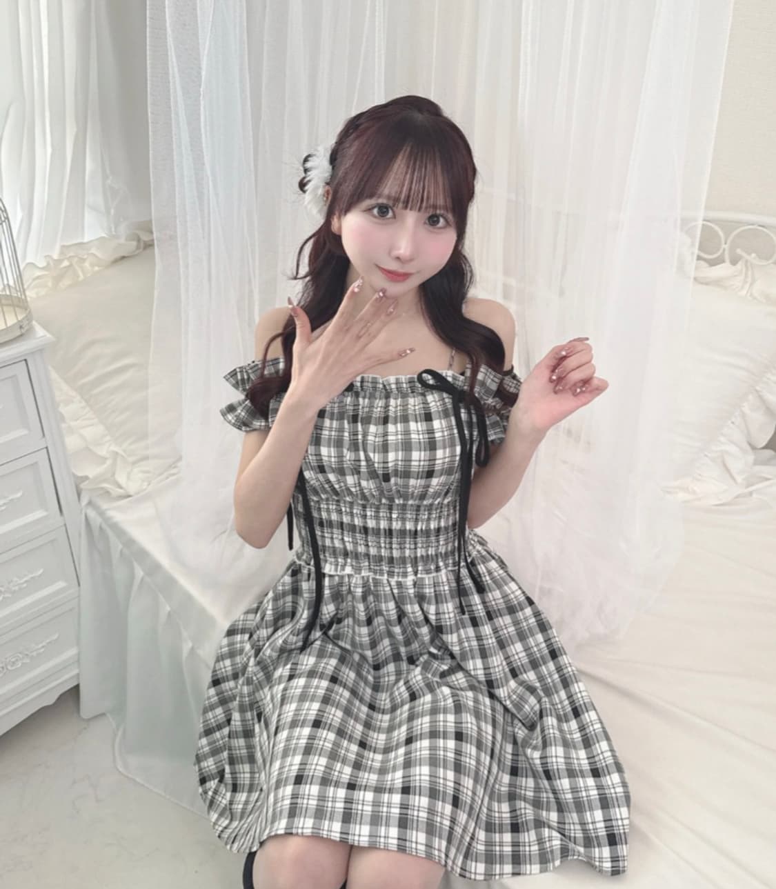 oneway 원웨이 일브 2way 어깨 리본 미니 원피스 블랙 체크 상품이미지1