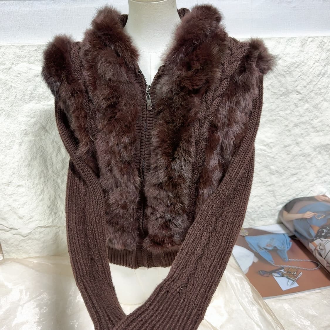 빈티지 초콜릿 브라운 여우털 후드 토끼털 꽈배기 니트자켓 후드집업 상품이미지2