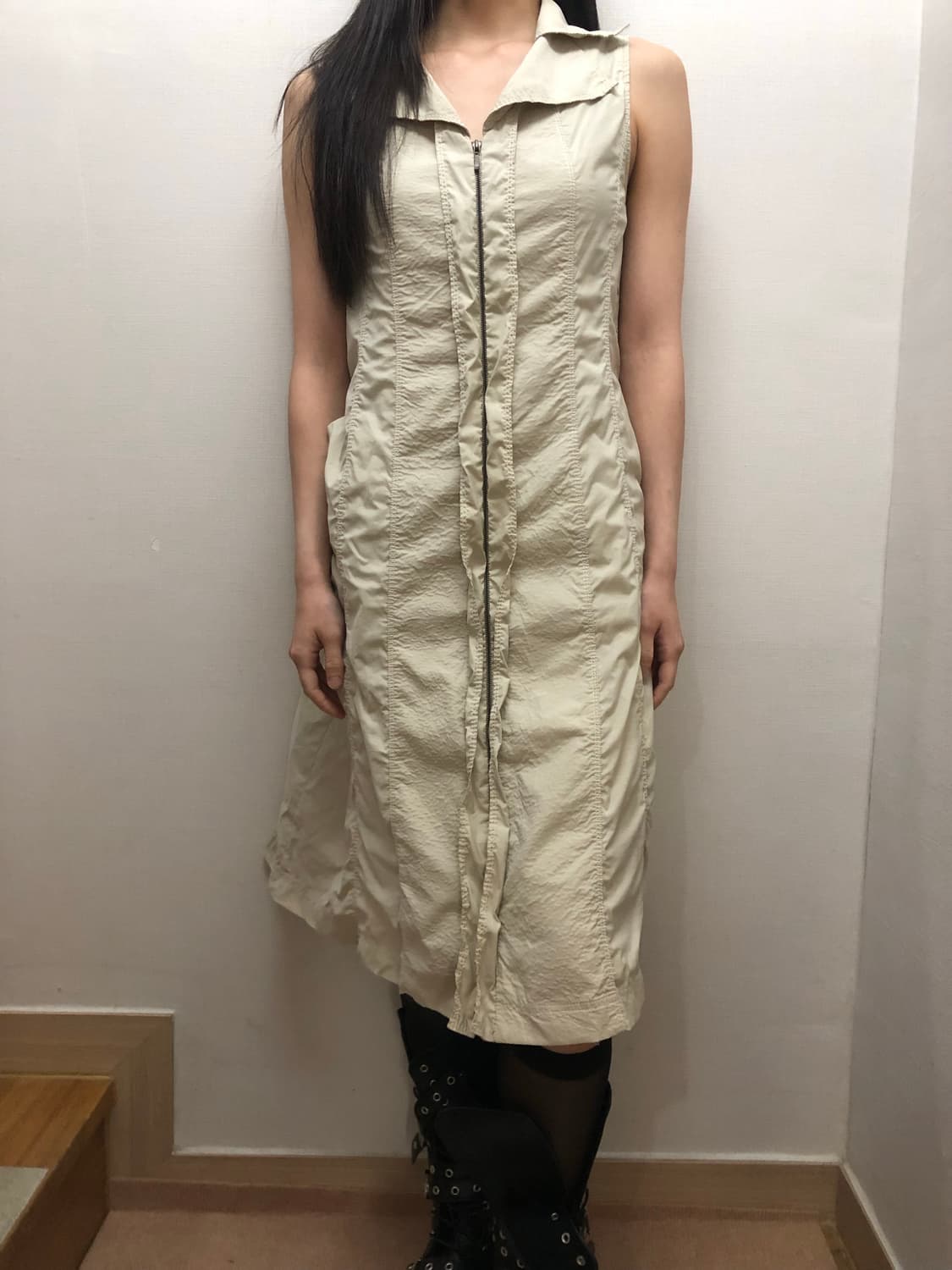 빈티지 베이지 셔링 롱 원피스 상품이미지1