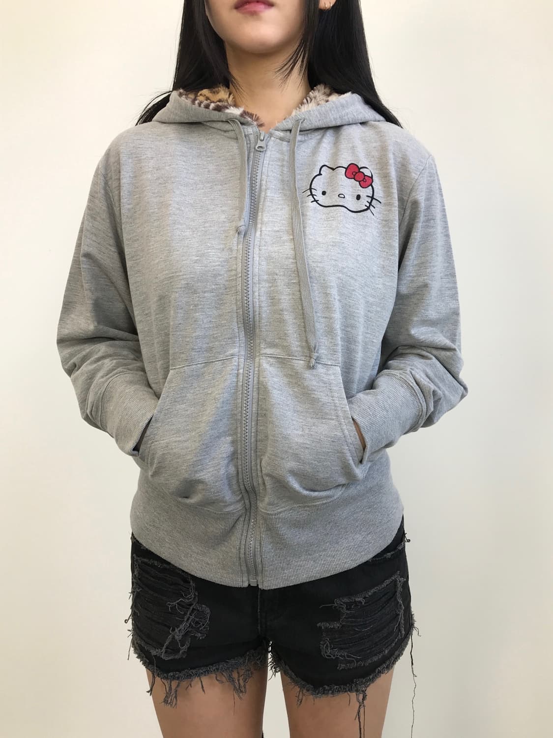 'Hello Kitty' Leopard Fur Zip-Up Hoodie 상품이미지4