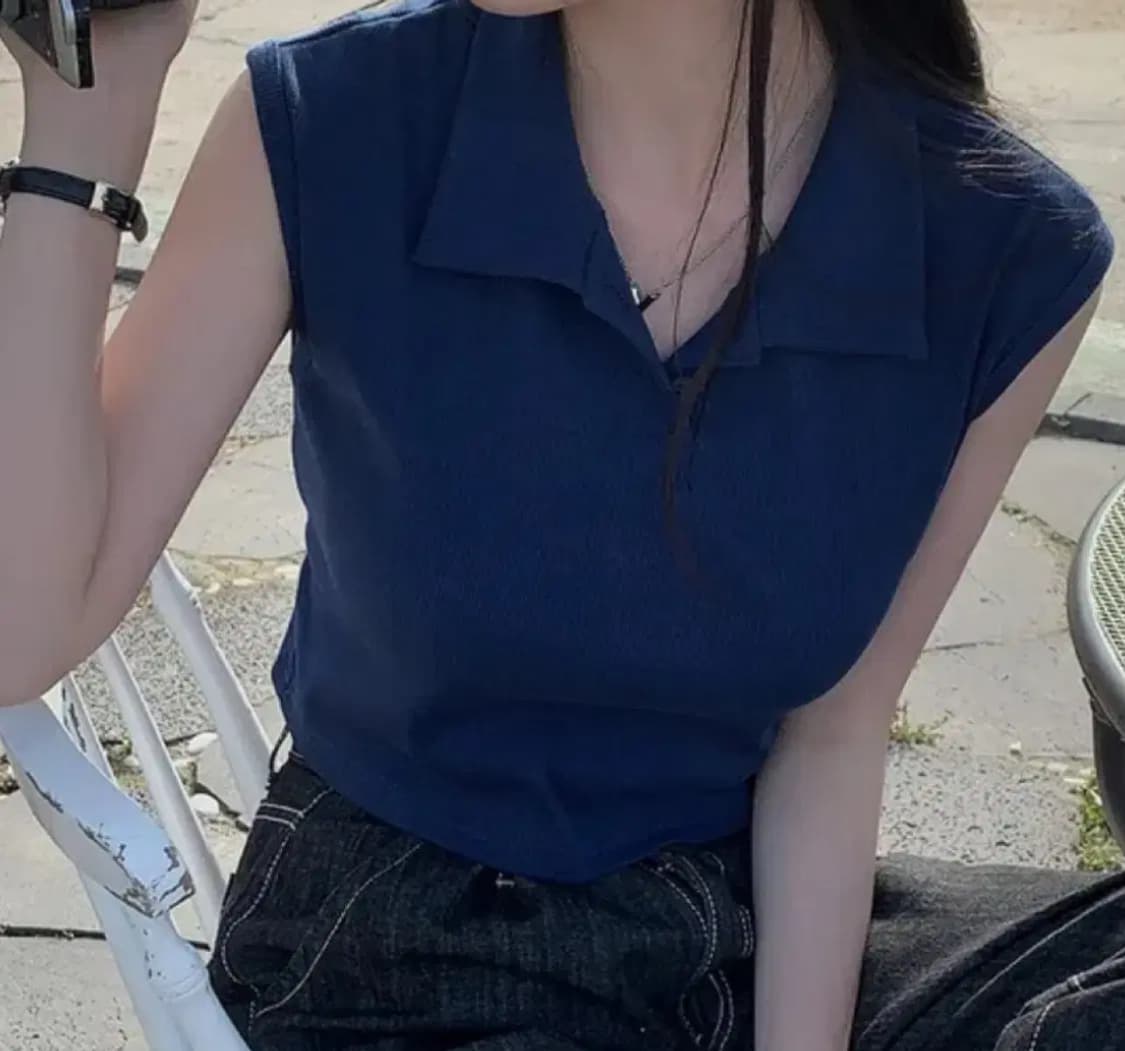 카라 리본 나시 민소매티 네이비 상품이미지2