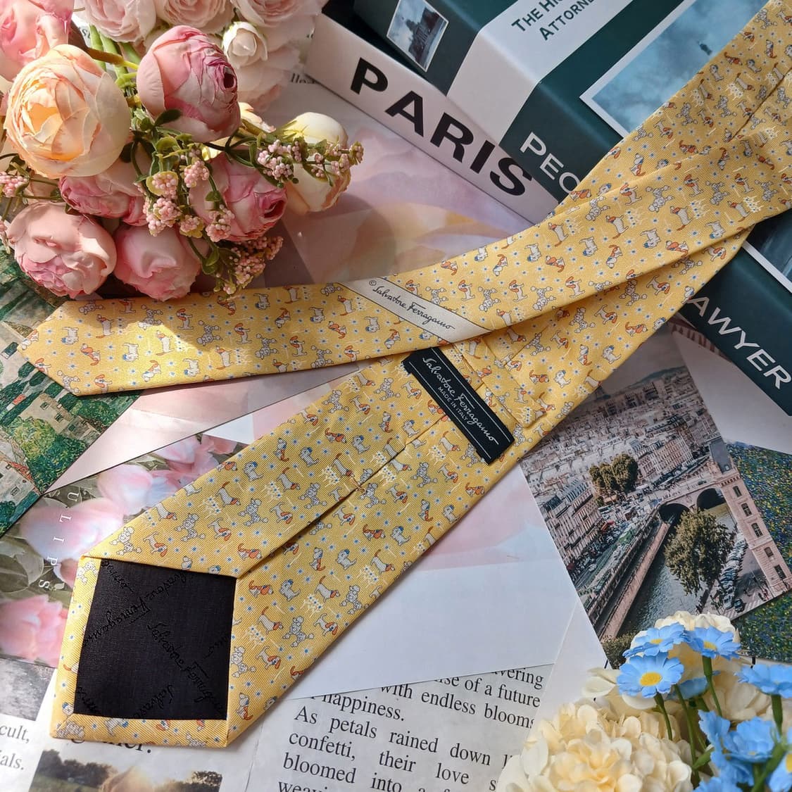 살바토레 페라가모 옐로우 강아지 모티브 넥타이 8.8cm A+등급 G23 상품이미지5