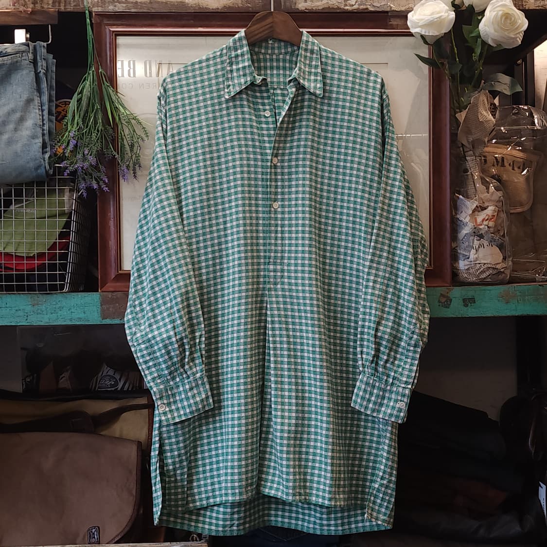 60s 프랑스 워크셔츠 가드너 빈티지 셔츠 그린 체크 롱 튜닉 셔츠 L 상품이미지2