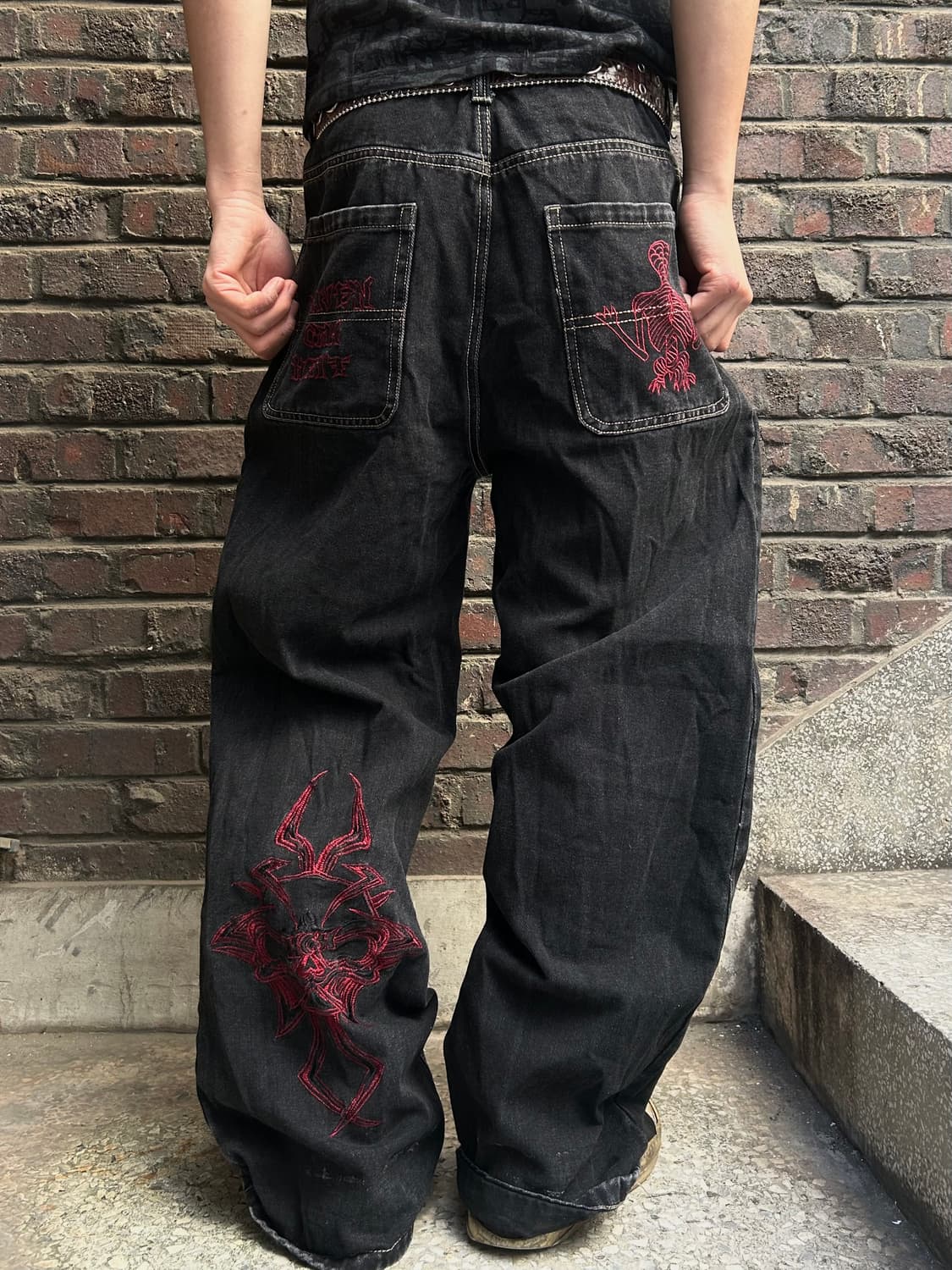 2000s 자수 디테일 와이드 힙합 데님팬츠  상품이미지1