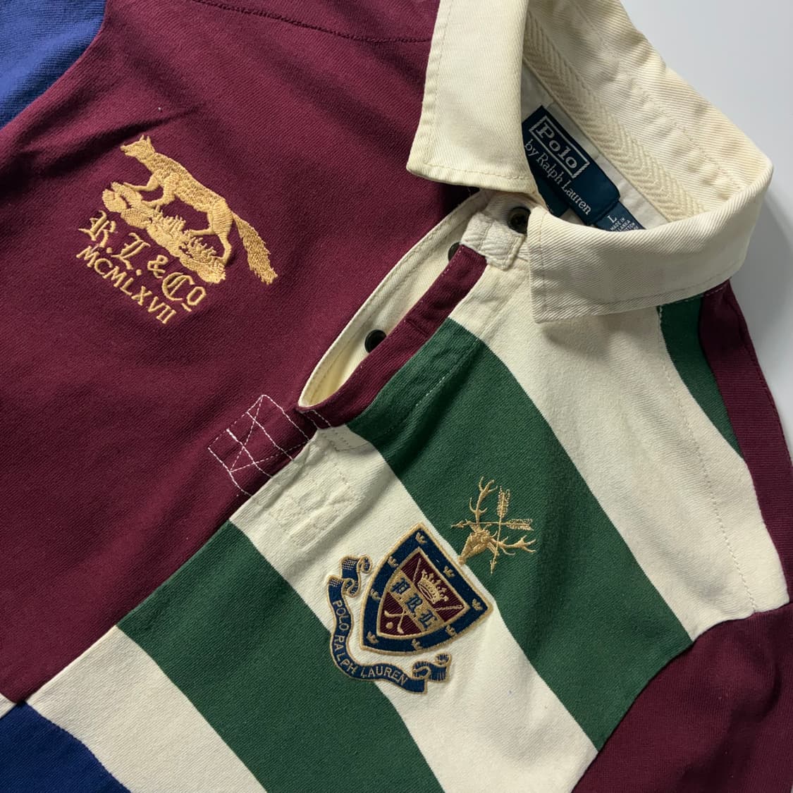 Polo  폴로 랄프로렌 90,s 패넌트 헌팅 패치워크 럭비 티셔츠 상품이미지3