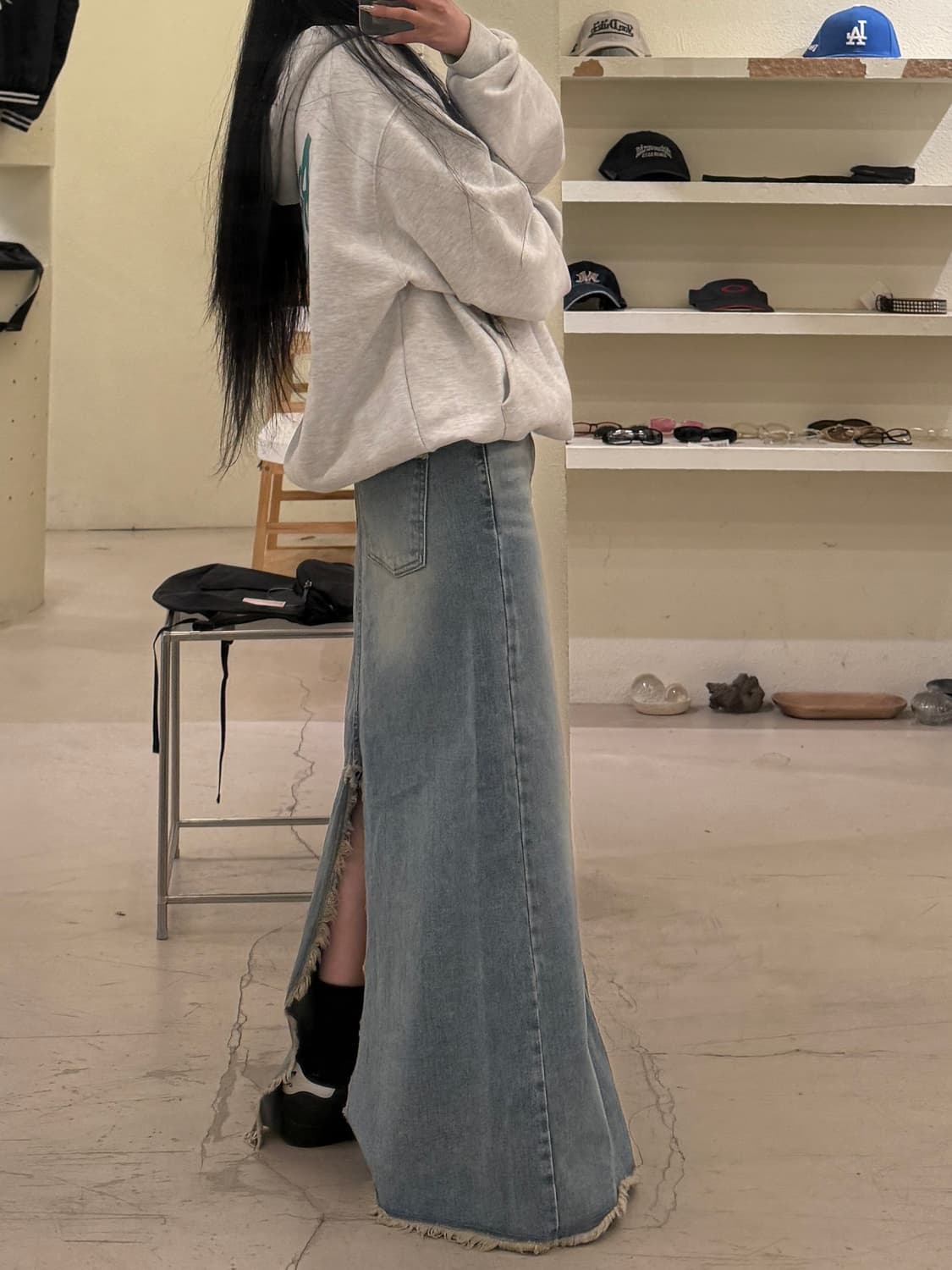 ecru 연청 컷오프 슬릿 데님 롱 스커트 U733 상품이미지2