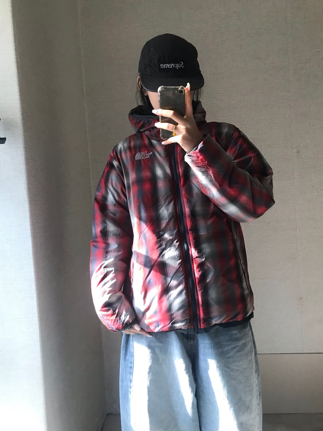 노페 체크 청록 리버시블 패딩 상품이미지4