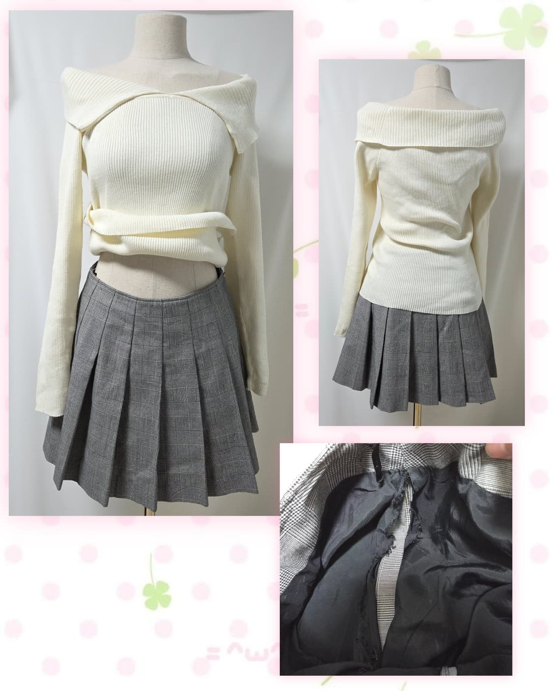 OZUL BY MOUSSY 아이보리 카라 오프숄더, 체크 플리츠 스커트 상품이미지3