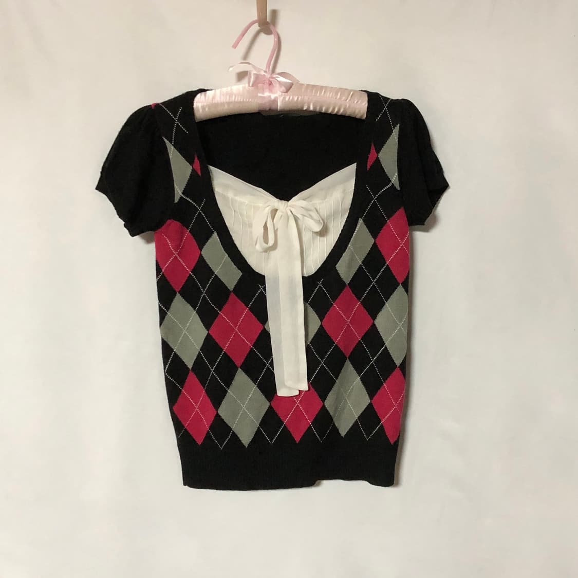 리본 로걀 아가일 니트 탑 블랙 상품이미지7