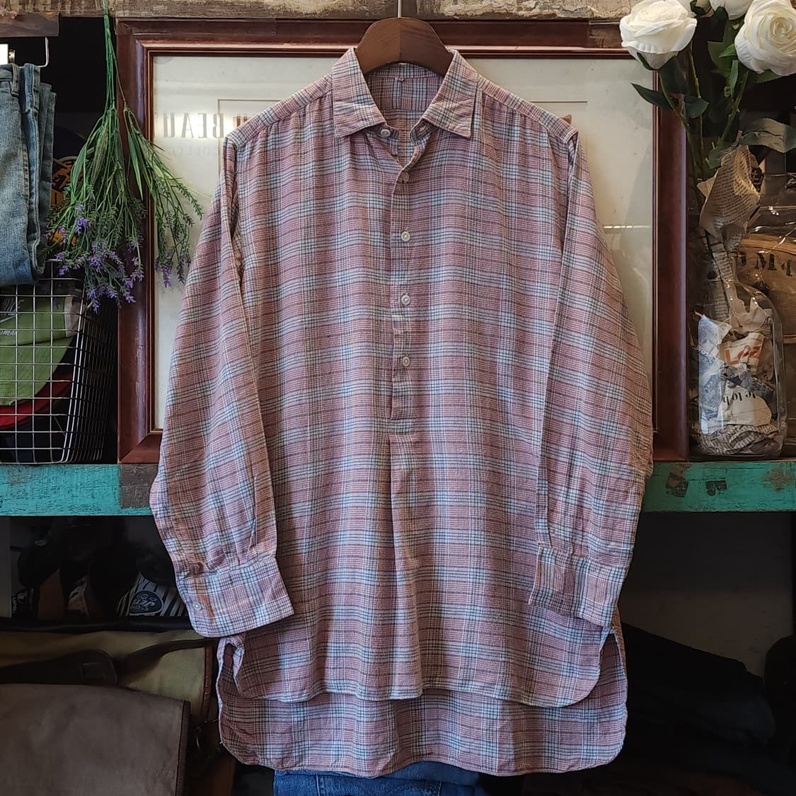 60s 프랑스 워크셔츠 가드너 빈티지 셔츠 라이트 핑크 잔체크 s 상품이미지1