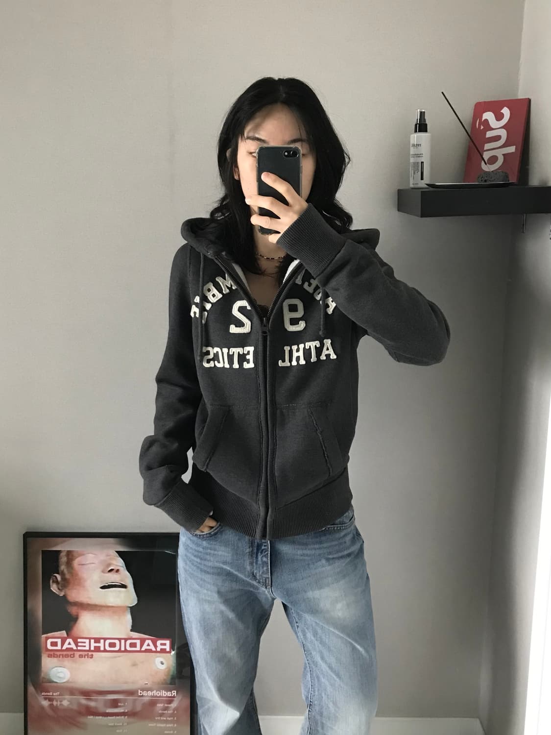 아베크롬비 중앙 자수 로고 차콜 후드집업 상품이미지3