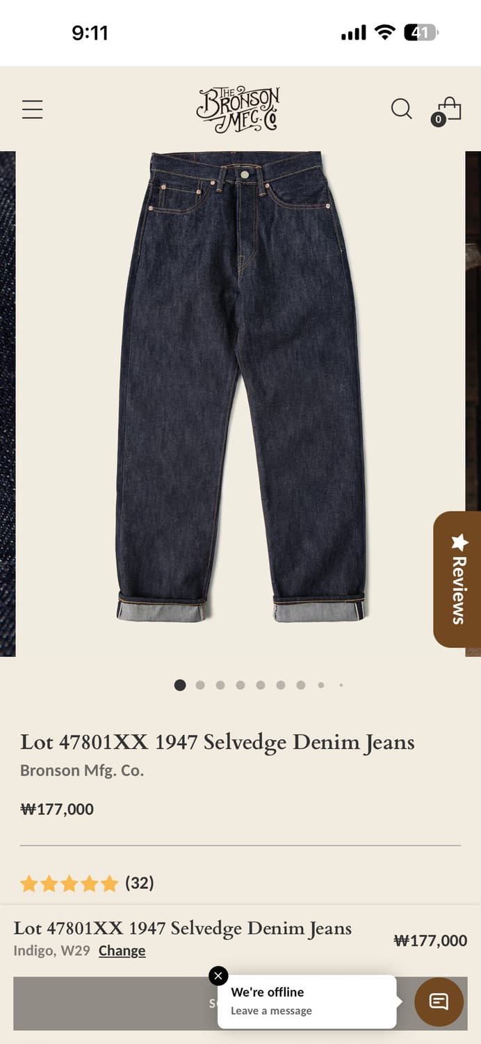 브론슨(Bronson) 47801XX 1947s 셀비지 데님 36사이즈 상품이미지5