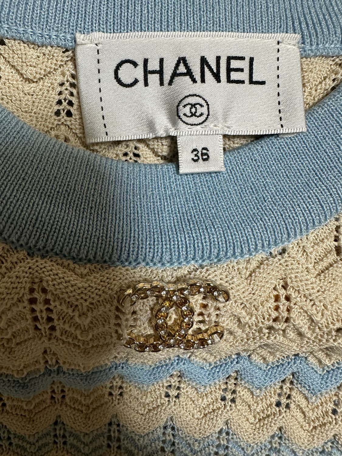 샤넬 반팔 니트 티셔츠 블루 베이지 정품 상품이미지7