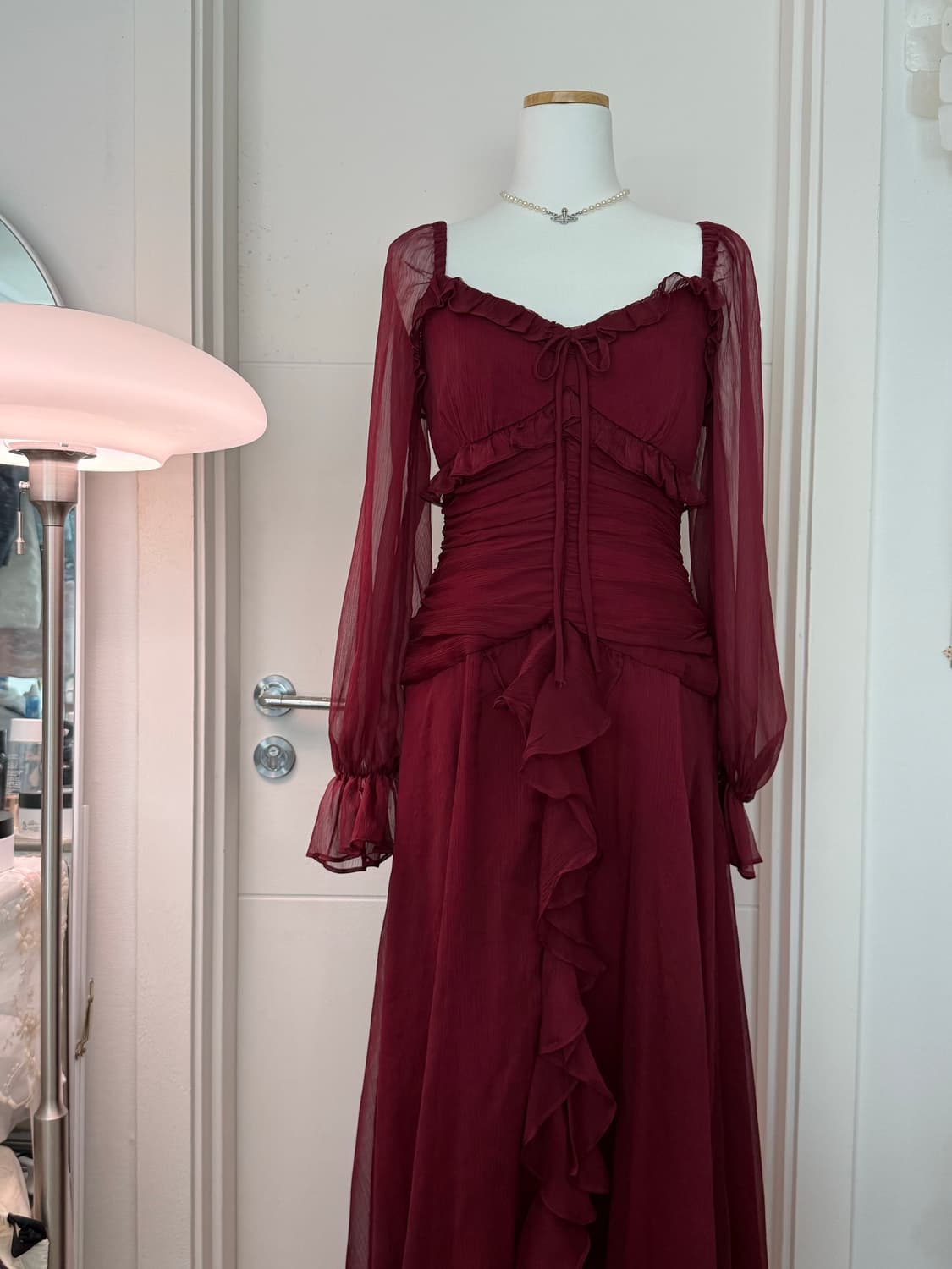 신스덴 버건디 러플 롱 원피스 M 상품이미지2