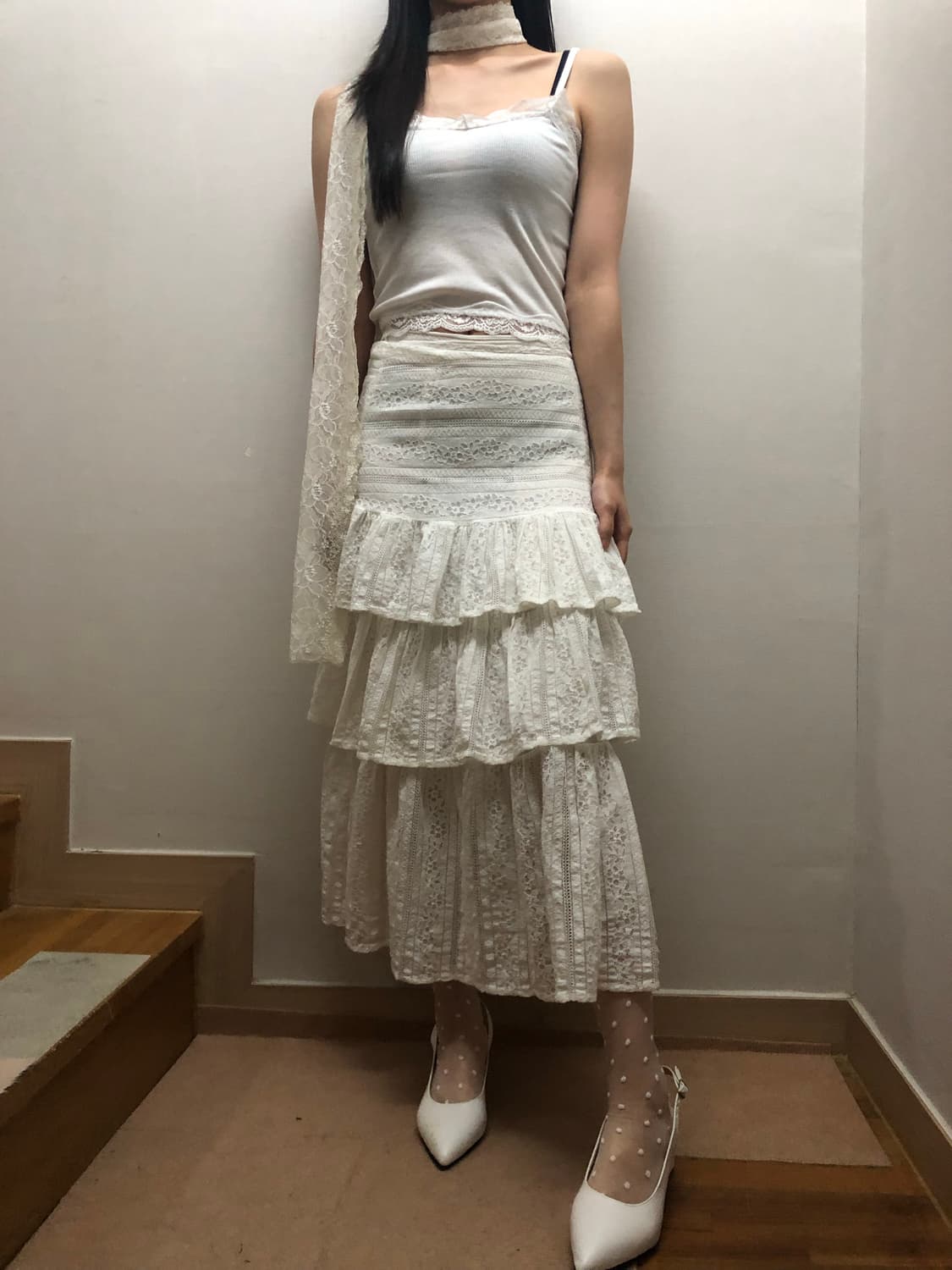 빈티지 화이트 레이스 프릴 롱 스커트 상품이미지3