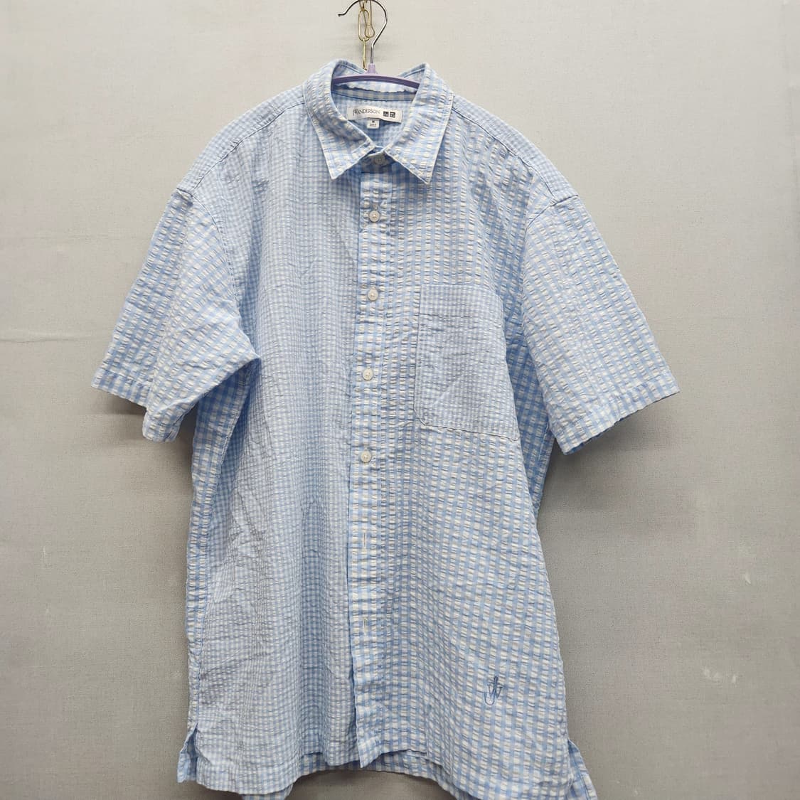 유니클로xJW앤더슨 시어서커 깅엄체크 반팔셔츠 M(L)남여공용 상품이미지1