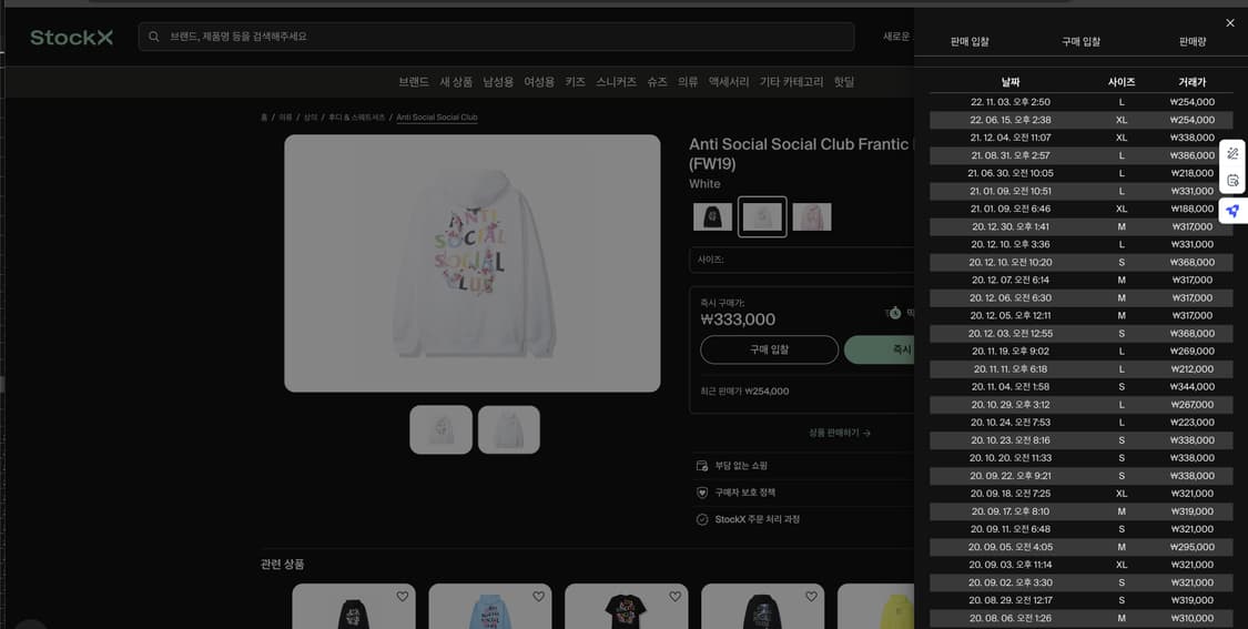 [L] 안티소셜소셜클럽 프란틱 후드 화이트 (흥정가능) 상품이미지1