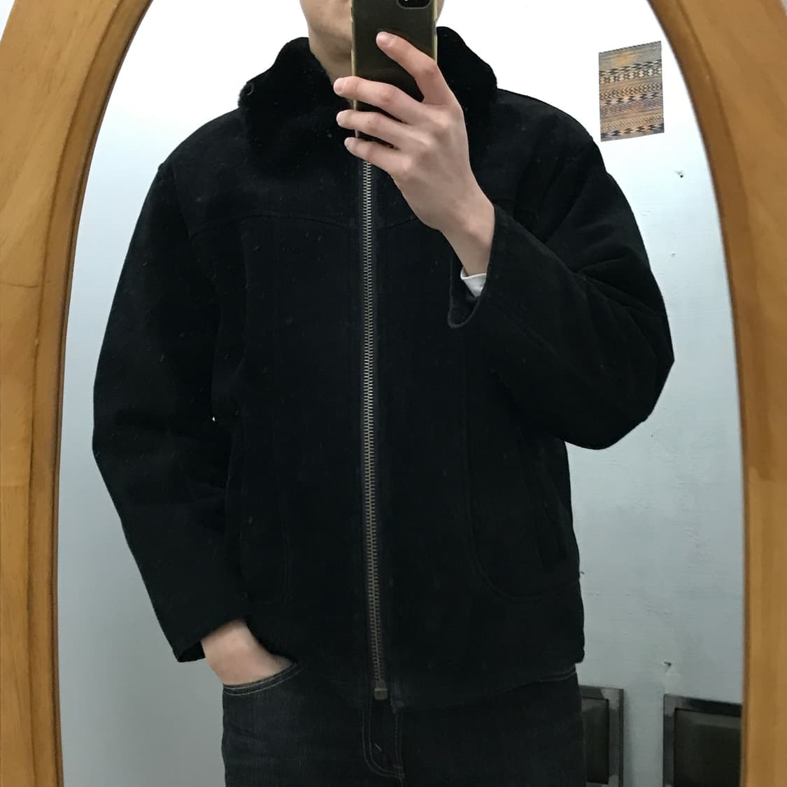 VTG 빈티지 블랙 스웨이드 집업 무스탕 자켓 남성 105 사이즈 상품이미지6