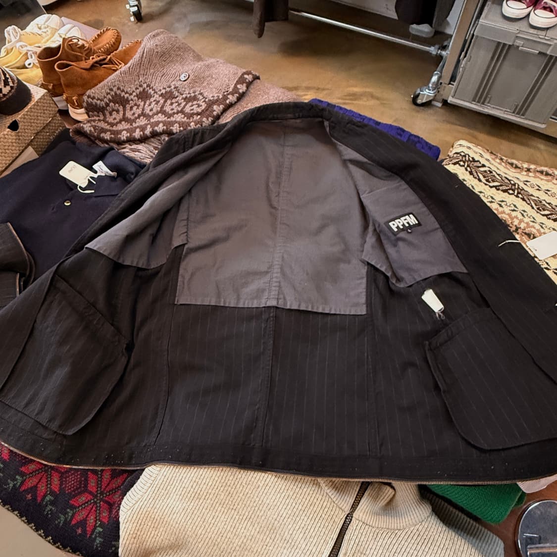 PPFM 지퍼 디테일 스트라이프 패턴 블레이저 중기장 코트 자켓 상품이미지4