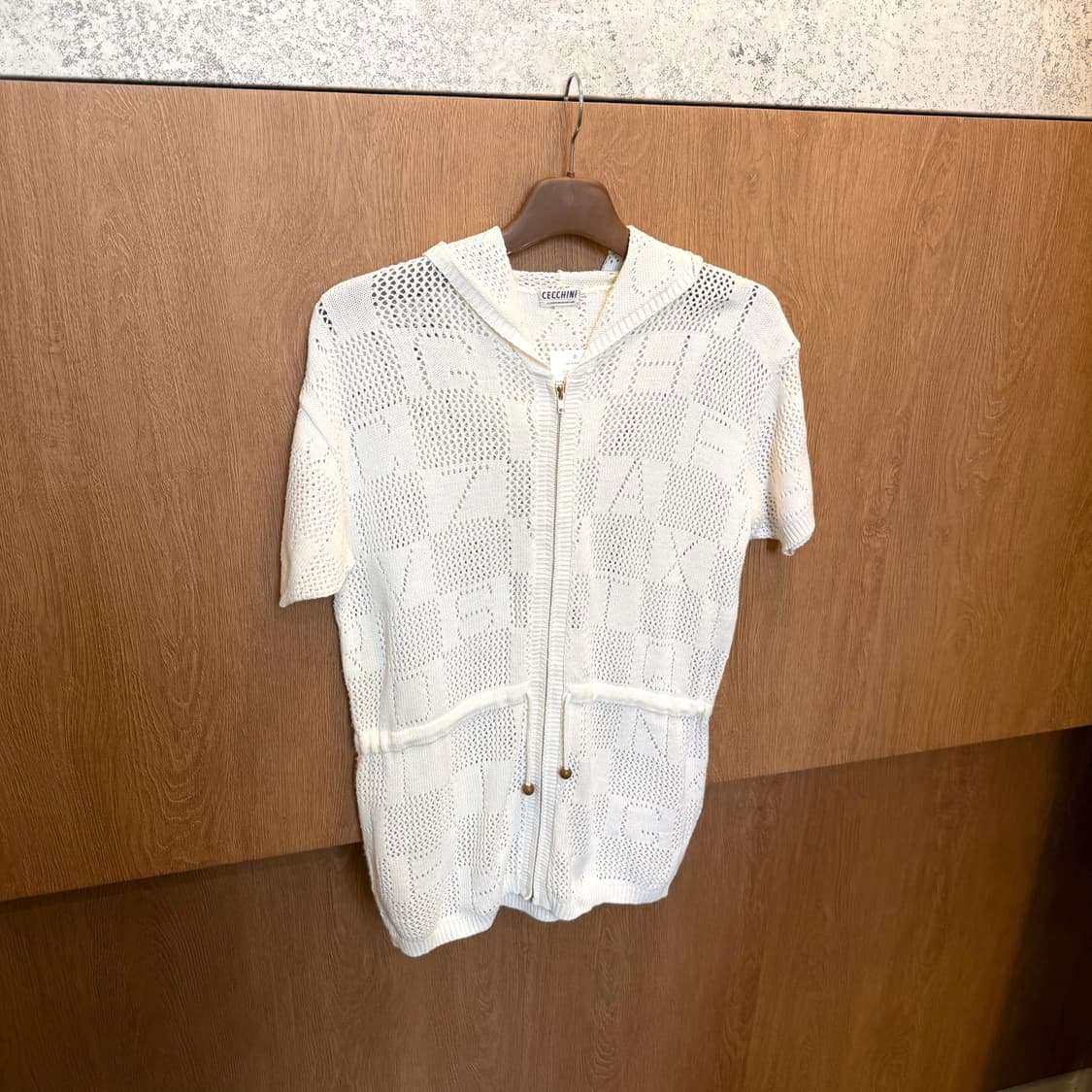 빈티지 반팔 니트 후드 집업 메쉬 레터링 드로우 스트링 디테일 화이트 상품이미지1