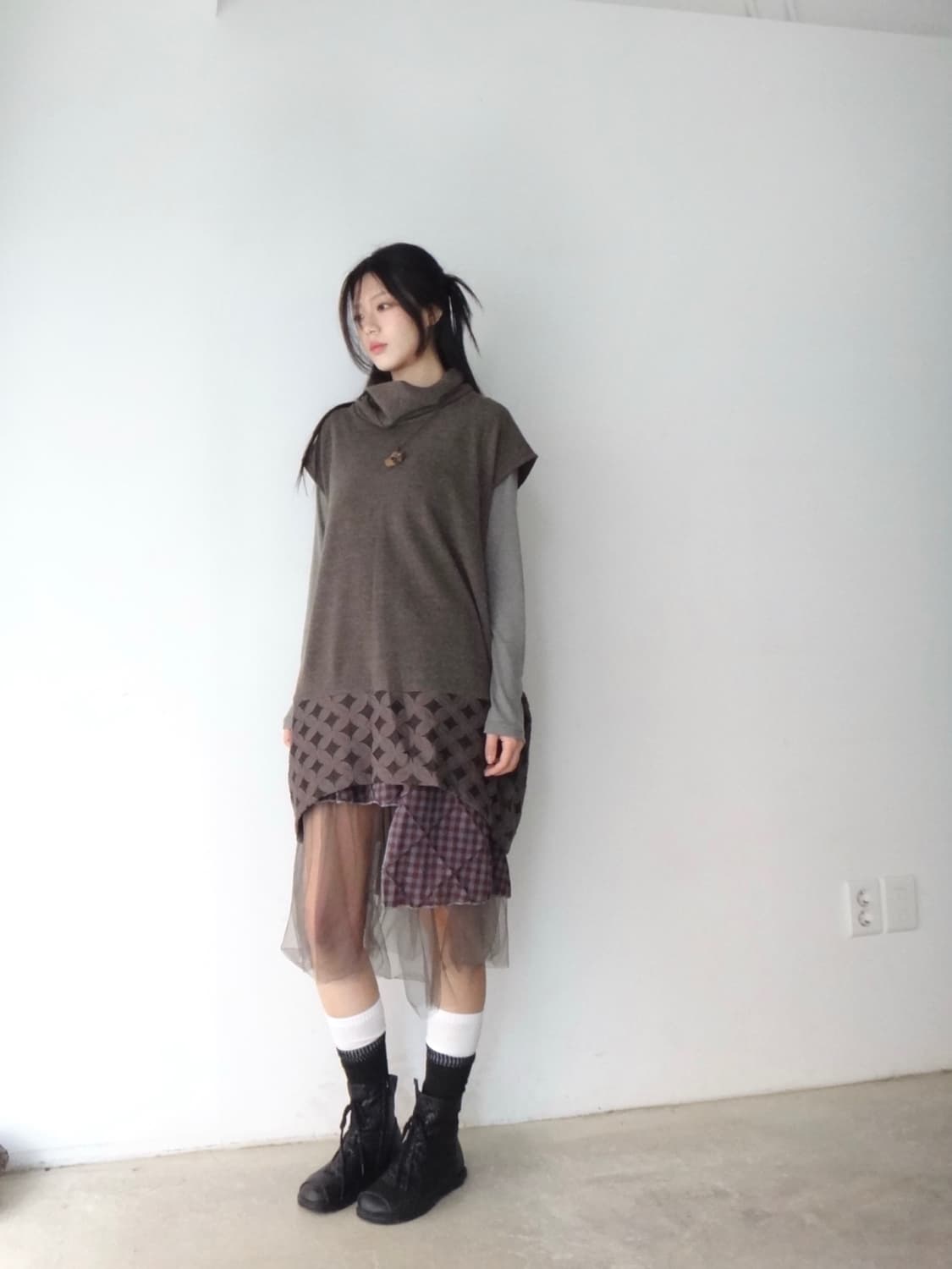 Ruin necklace pattern knit & ops / brown 상품이미지5